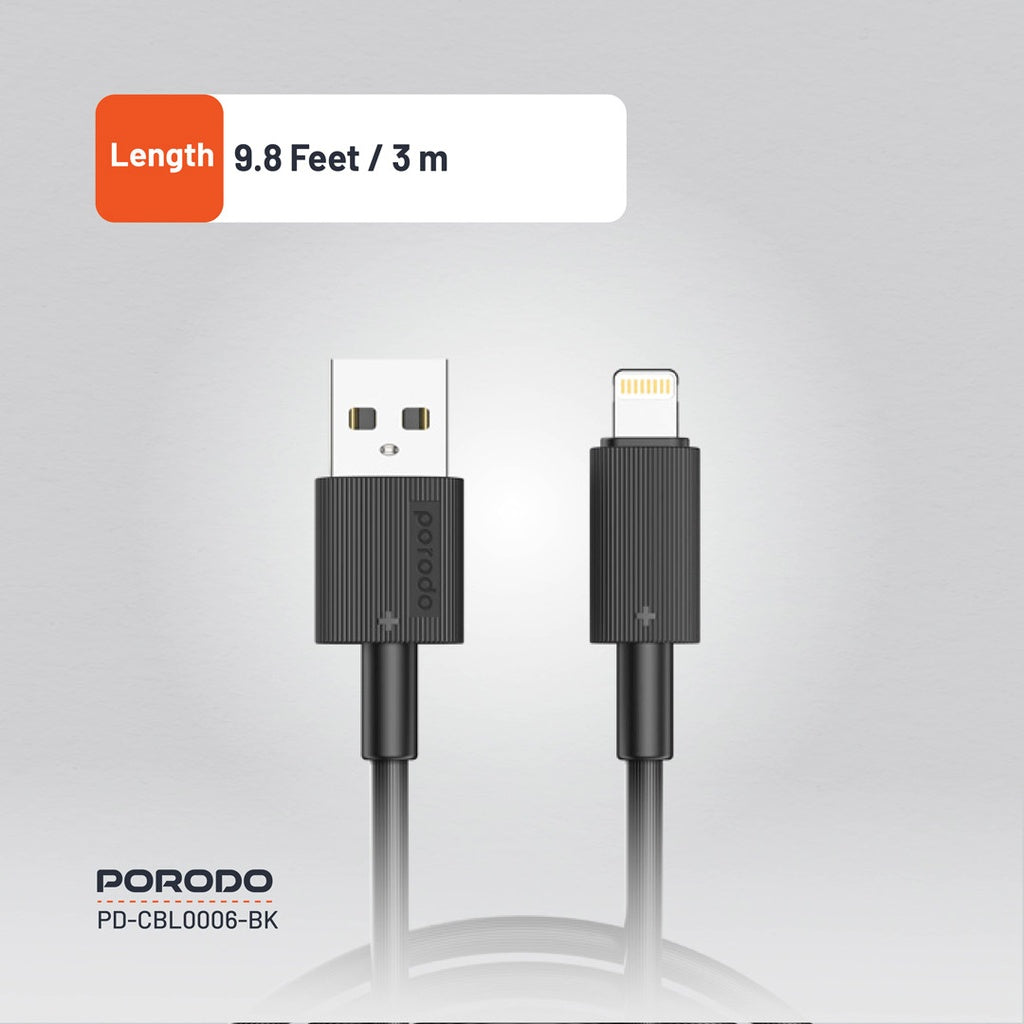 PD-CBL0002-BK , Porodo USB-A to Lightning Durable Charging Cable - Black PD-CBL0002-BK , Porodo USB-A to Lightning Durable Charging Cable - Black